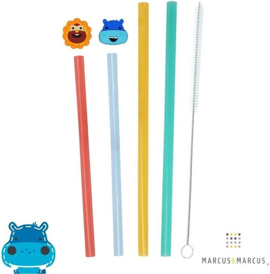 Marcus & Marcus Silicone Baby Replacement Straw Family with animals & Cleaning Brush 4pcs Multicolour