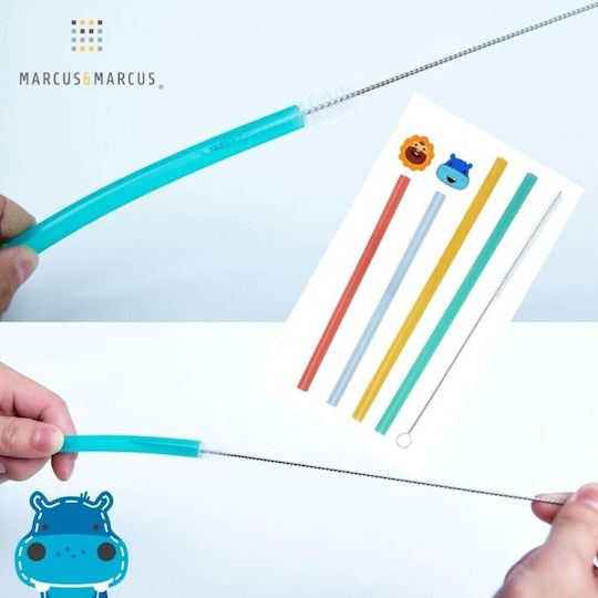 Marcus & Marcus Silicone Baby Replacement Straw Family with animals & Cleaning Brush 4pcs Multicolour