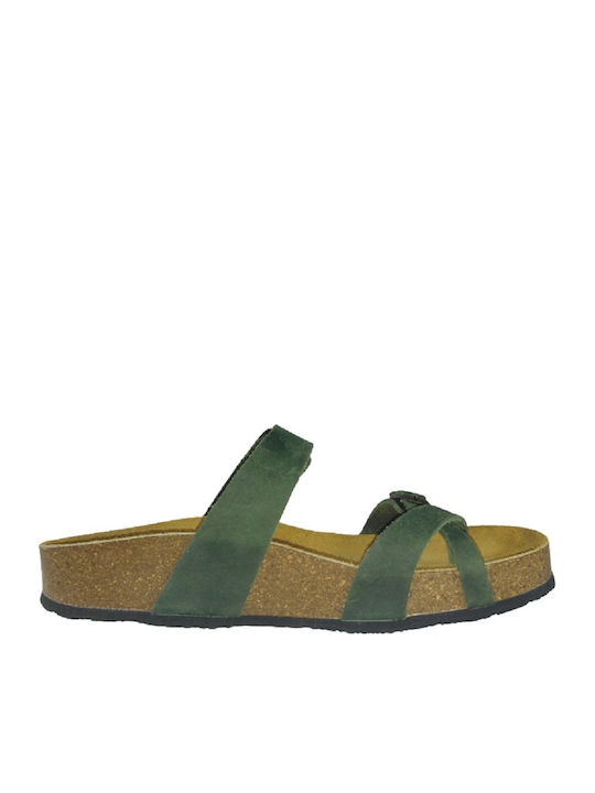 Leather Women's Flat Sandals Flatforms Olive