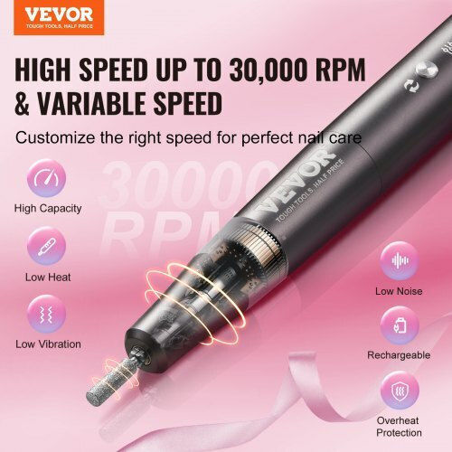 Vevor Nail Drill Battery 10W Black with 30000 Rotations per Minute