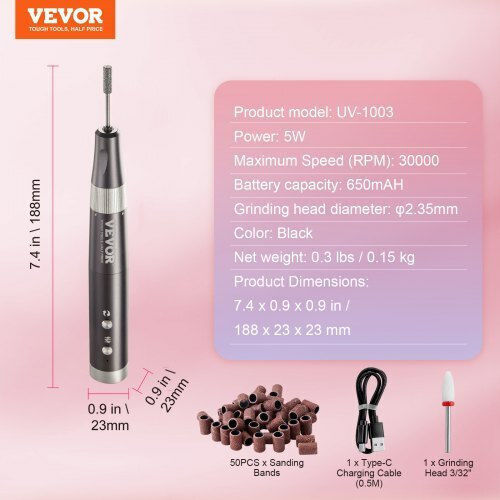 Vevor Nail Drill Battery 10W Black with 30000 Rotations per Minute