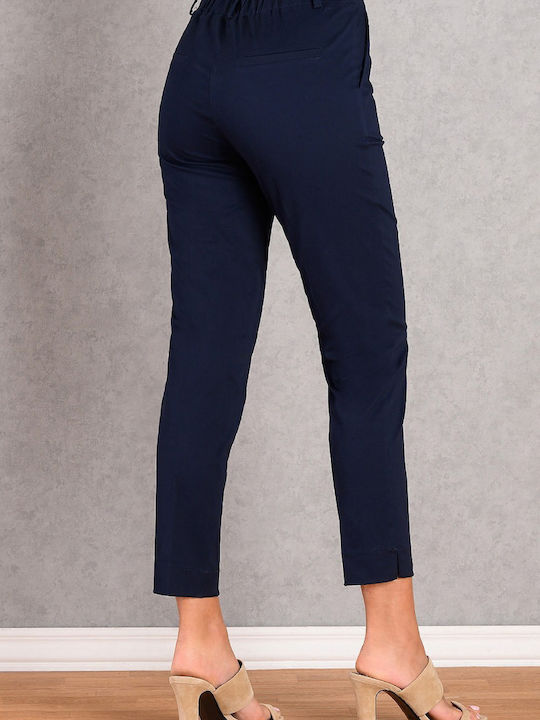 Women's Fabric Capri Trousers with Rubber Band in Straight Leg Style Blue