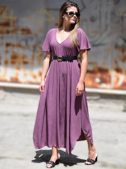 Maxi Dress with Ruffles Purple Open Back