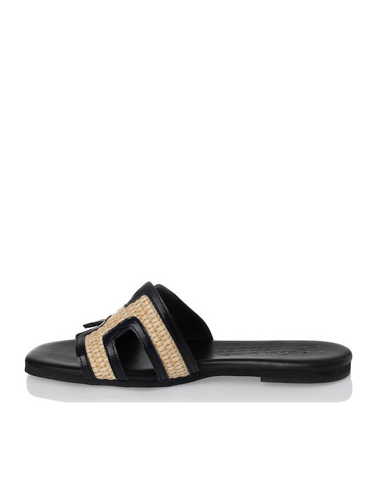 Leather Women's Flat Sandals in Black Color