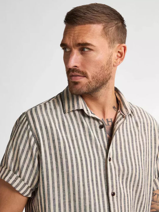Short-sleeved Linen Shirt Striped Petrol