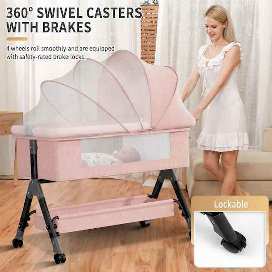 Cradle-Park with Mattress, Side Opening, and Wheels Pink