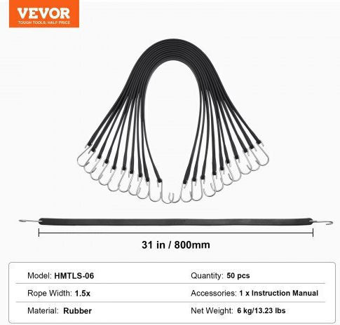 Vevor 50 Pcs Flat Bungee Cord Set 19.8 Mm Heavy Duty Bungee Straps S-hook