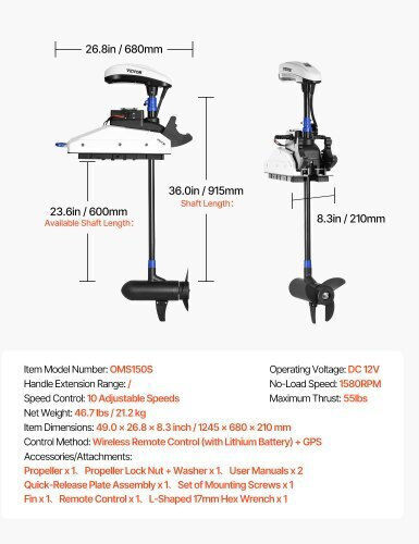 Vevor 55lb 12v Thrust Electric Trolling Motor Saltwater Marine Outboard Engine 36" Shaft