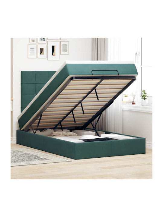 Pat Semi-dublu Tapițat cu Catifea Verde Închis cu Spațiu de Stocare Plăci și Saltea 120x190cm