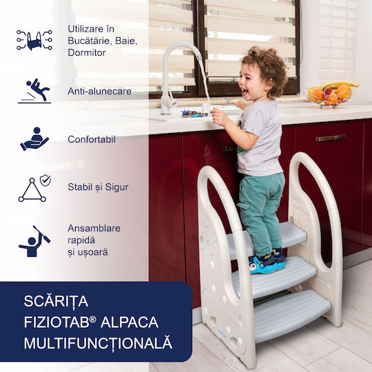 Mânere Scăunele Trepte Pentru Copii Fiziotab Tip Scară Trei Trepte Reversibil Suprafață Antiderapantă Utilizare În Bucătărie Baie Alb Gri Alpaca