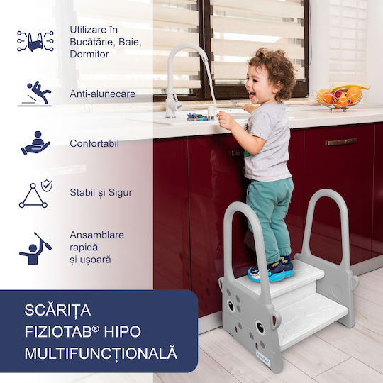 Fiziotab Scăunele Trepte Pentru Copii Mâner Două Niveluri Suprafață Antiderapantă Baie Bucătărie Hipo Gri