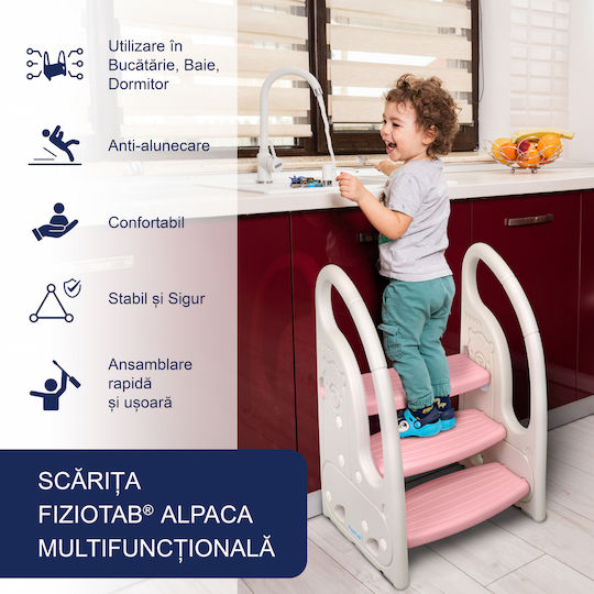 Mânere Scăunele Trepte Pentru Copii Fiziotab Tip Scară Trei Trepte Reversibil Suprafață Antiderapantă Utilizare În Bucătărie Baie Alb Roz Alpaca