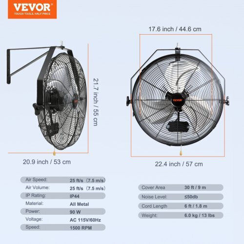 Vevor Стенен Вентилатор 90W Диаметър На Вентилатора 57см Черен