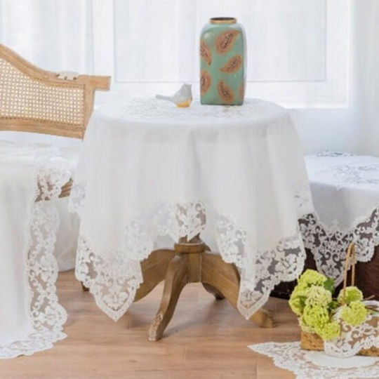 Pls-tb1102 White Λινό Κέντημα Μεταξωτή Δαντέλα 60%linen 40%pol 85×85 Liolios Home