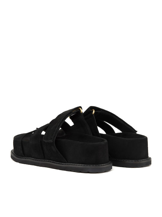 Δερμάτινα Γυναικεία Ανατομικά Σανδάλια Flatforms Μαύρα
