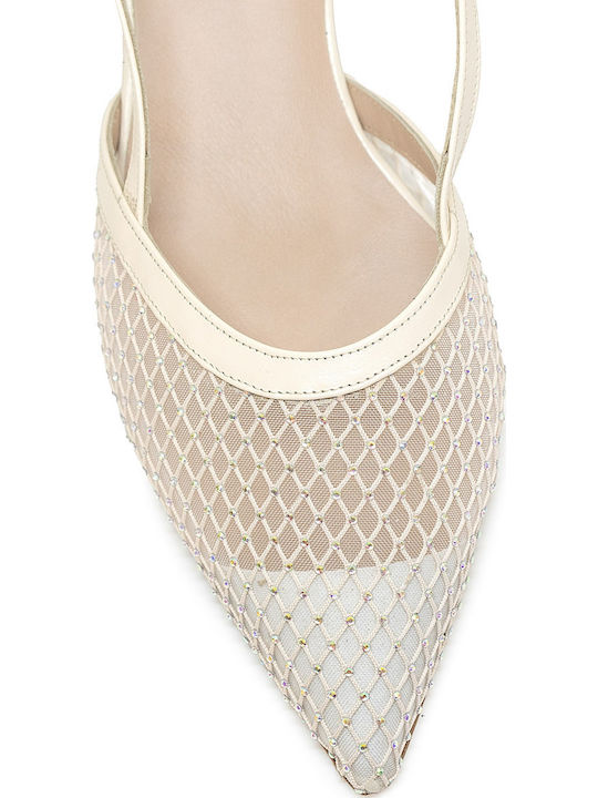 Leather Pointed Toe Beige Medium Heels with Strap