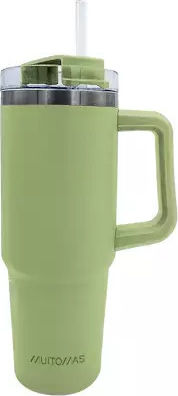 Muitomas Handled Tumbler Thermos Plastic 900ml Green with Straw and Handle