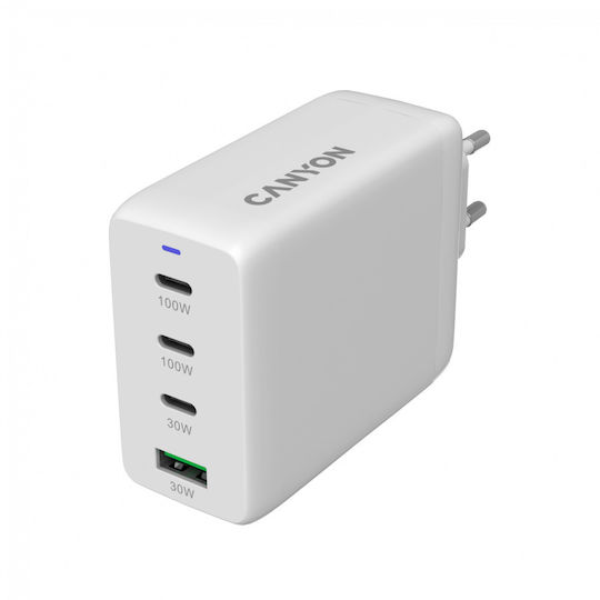 Canyon Φορτιστής Χωρίς Καλώδιο με Θύρα USB-A και 3 Θύρες USB-C 100W Power Delivery Λευκός (CNS-CUW100ACC)