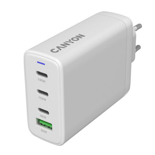 Canyon Φορτιστής Χωρίς Καλώδιο GaN με Θύρα USB-A και 3 Θύρες USB-C 140W Power Delivery Λευκός (CNS-CUW140ACC)
