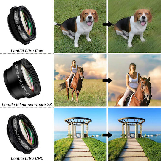 Kit 10 Obiective Cameră Set Lentile Telefon Tabletă Fish Eye Unghi Larg 0.63x Macro 15x Teleconvertoare Kaleidoscopic Flow Filtru CPL Stea Radială Clește Universal Husă Neagră