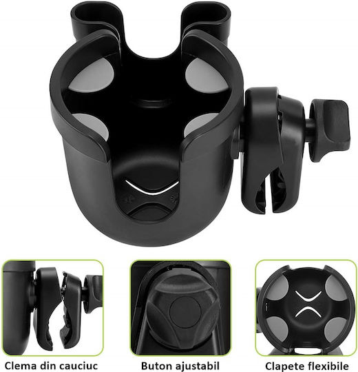 Fiziotab Universal Cup Holder Bottle Phone Stroller Bicycle 2 In 1 360° Grip Durable Stable Black
