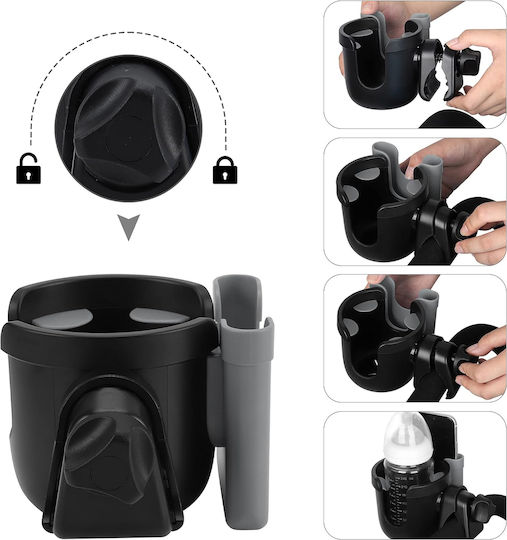 Fiziotab Universal Cup Holder Bottle Phone Stroller Bicycle 2 In 1 360° Grip Durable Stable Black Gray