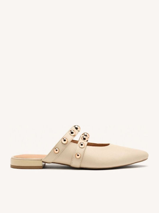 Flat Δερμάτινα Mules σε Μπεζ Χρώμα