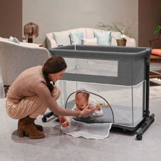 Cradle-Park with Mattress, Side Opening, and Wheels Gray