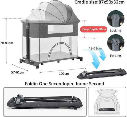 Cradle-Park with Mattress, Side Opening, and Wheels Gray