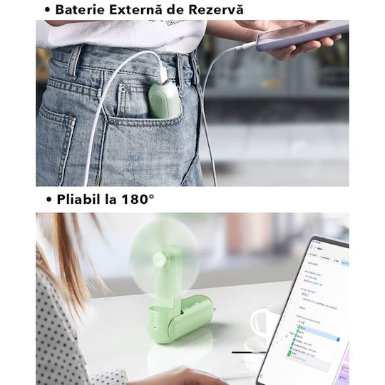 Ultra Portabil 3 În 1 Ventilator De Mână Birou Gât 3 Viteze Pliabil Baterie Portabilă 2000mah 20h Autonomie Skdr Airmini Verde