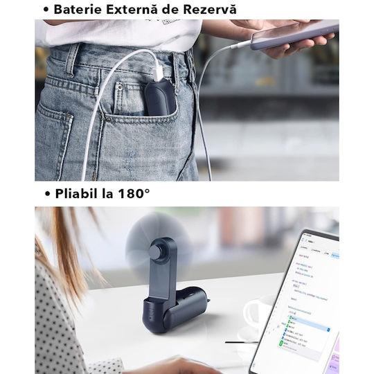 Ultra Portabil 3 În 1 Ventilator De Mână Birou Gât 3 Viteze Pliabil Baterie Portabilă 2000mah 20h Autonomie Skdr Airmini Albastru