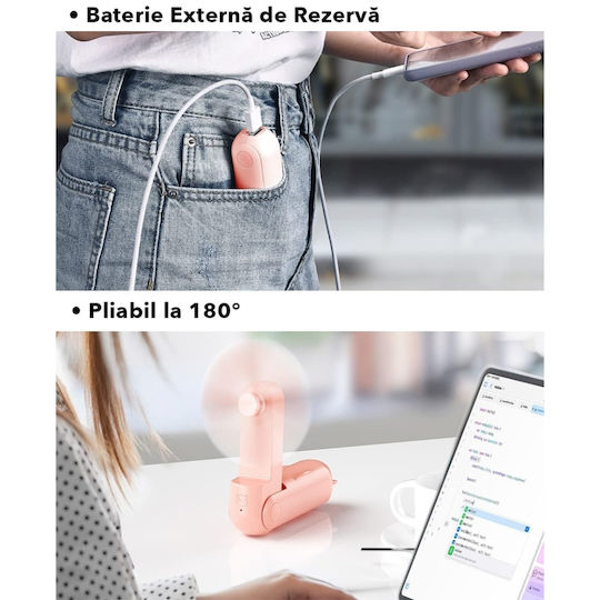 Ultra Portabil 3 În 1 Ventilator De Mână Birou Gât 3 Viteze Pliabil Baterie Portabilă 2000mah 20h Autonomie Skdr Airmini Roz