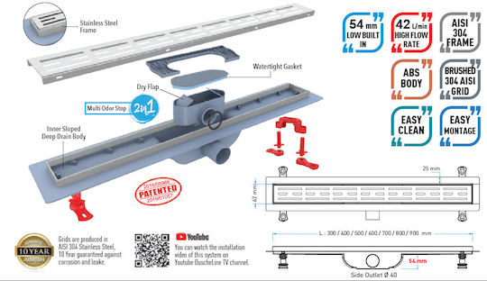Canal Duș Scurgere Duscheline Oscar Vision 40cm Oțel Inoxidabil Cadrul Cromat