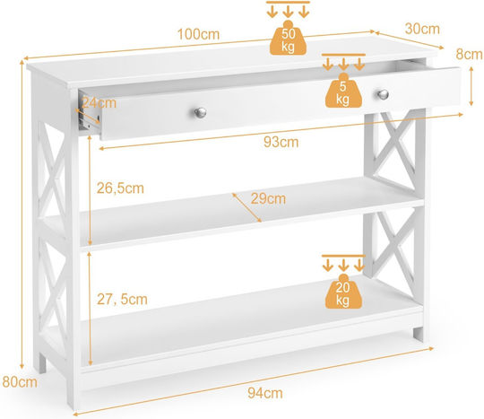 Console Table Wood & Glass White L100xW30xH80cm