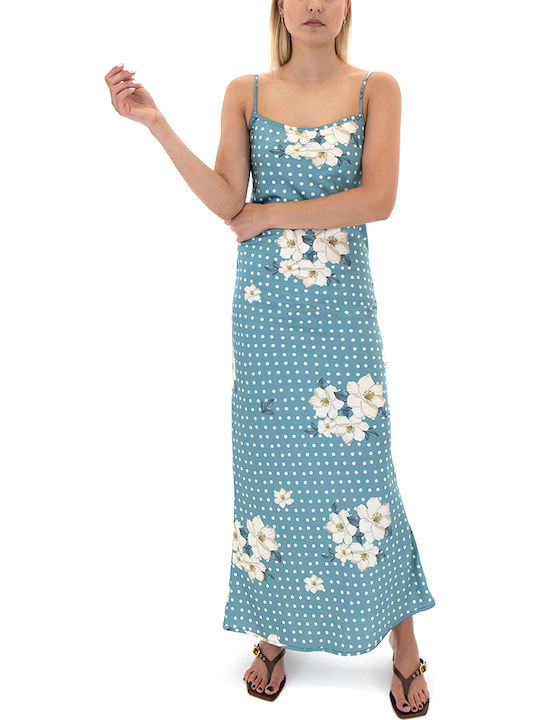 Summer Maxi Evening Satin Dress Ecru-Blue