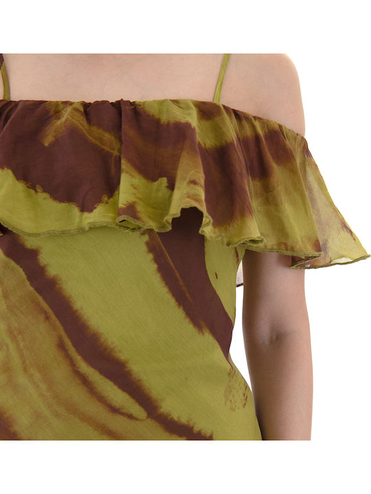 Summer Maxi Dress for Wedding - Christening Open Back Brown-Green