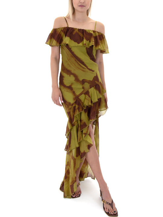 Summer Maxi Dress for Wedding - Christening Open Back Brown-Green