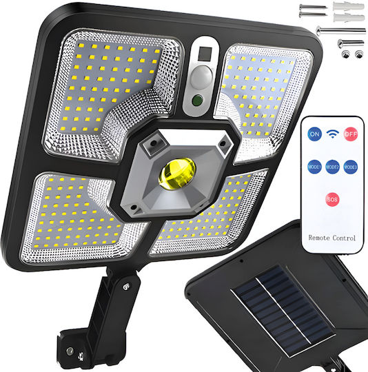 Lampă Solară Cu Panou Solar Încorporat 220 Leduri Smd Telecomandă Lumină Crepusculară Senzori De Mișcare Braț De Montare Ip65 Rezistent La Apă 3 Moduri De Funcționare Kit De Instalare Inclus Negru