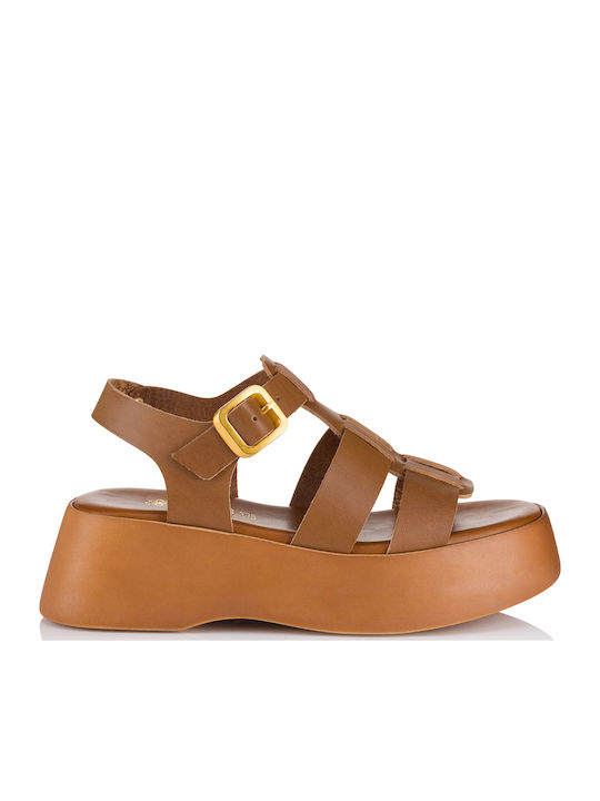 Δερμάτινα Γυναικεία Σανδάλια Flatforms Καφέ