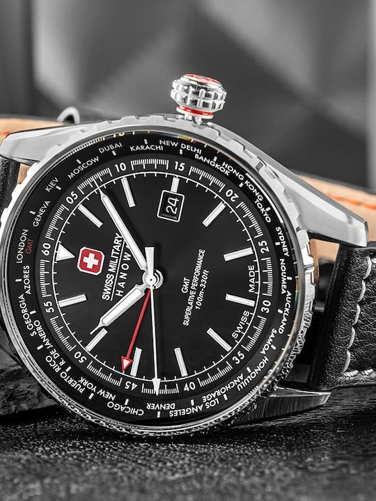 Swiss Military Hanowa Herrenuhr 42mm Batterie mit Schwarz Lederarmband