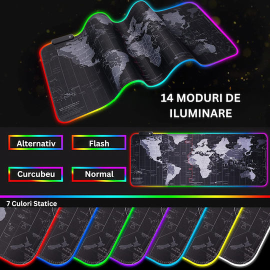 Padea Pentru Mouse Gaming Design Hartă Mondială XXL (800mm) Cu Iluminare RGB Prin USB Neagră ED272
