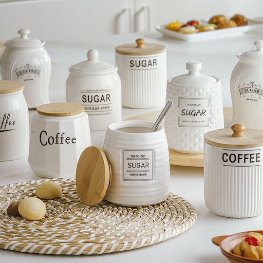 Nava Terrestrial Set 2 Pieces Jars for Sugar Coffee with Lid Porcelain Beige 850ml 2 Pieces