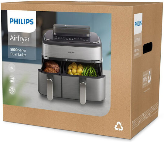 Philips Air Fryer με Διπλό Αποσπώμενο Κάδο 9lt Ασημί NA555/00