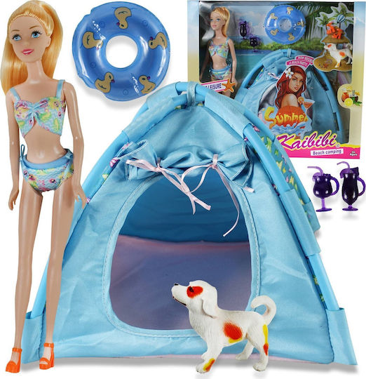 Puppe 30cm Entspannt am Strand mit Haustier