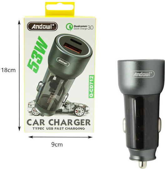 Andowl Auto-Ladegerät 53W mit Anschlüssen: 1xUSB 1xType-C