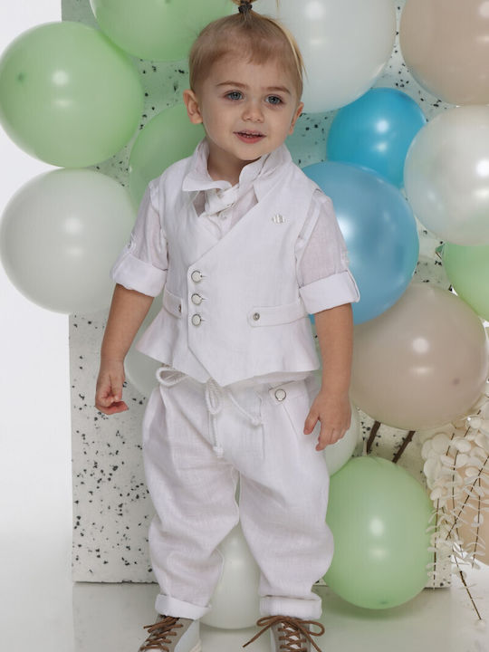 Mi Chiamo Baptism Suit with Vest for Boys Linen White A4764