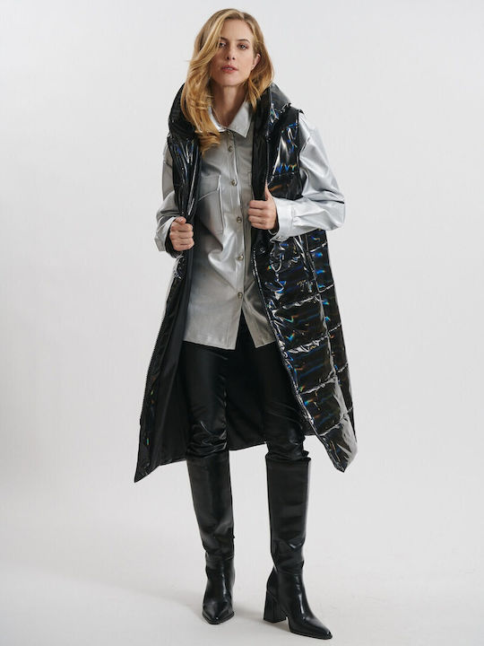 Lang Damen Ärmellos Puffer Jacke Wasserdicht und Winddicht für Winter Schwarz