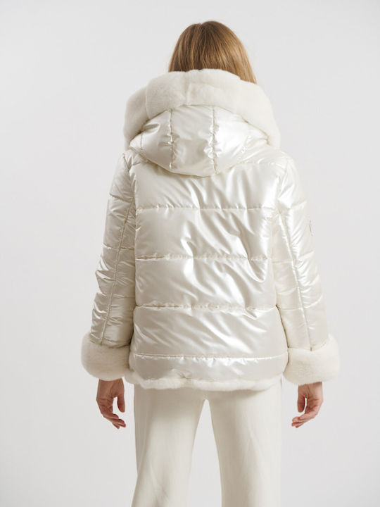 Women's Short Lifestyle Jacket Waterproof and Windproof for Winter with Hood Beige