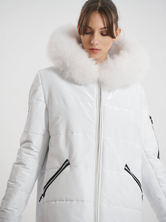 Lang Damen Puffer Jacke Wasserdicht und Winddicht mit pelziger Kapuze für Winter Weiß