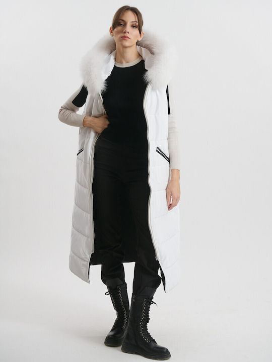 Lang Damen Ärmellos Puffer Jacke Wasserdicht und Winddicht mit pelziger Kapuze für Winter Weiß